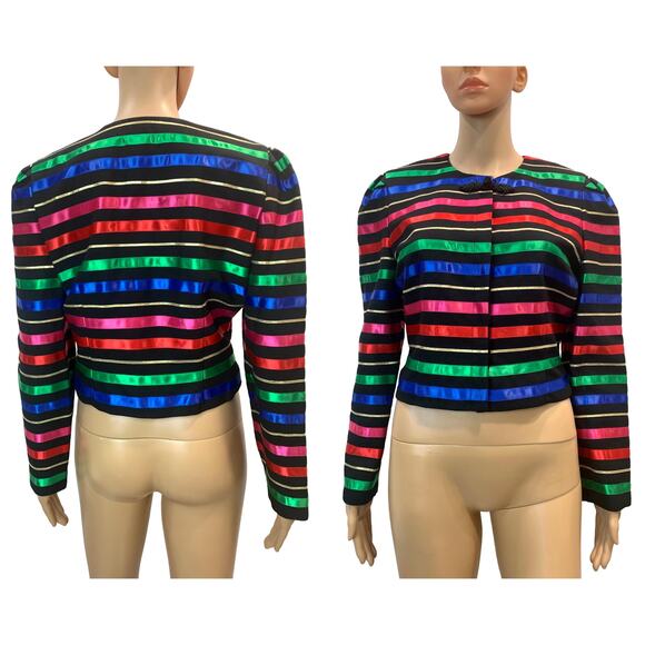 90s Jacqueline Ferrar Multicolor RIBBON Striped Crop Jacket | 8P SMALL - Picture 1 of 9